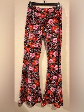 SPIRIT Floral Wide Leg Pants Boho Retro 70s Black Orange Pink Flowy Pants-Size L